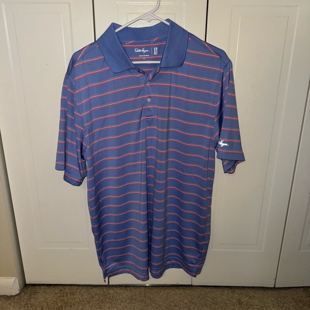 Walter Hagen Blue and Pink Striped Men's Polo Shirt Golf